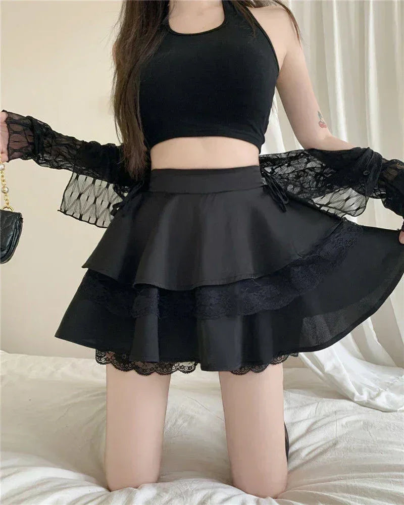 Minifalda Y2K Dulce Lisa para Mujer Verano Cintura Alta Encaje Patchwork Fiesta Elegante Moda Volantes Falda Femenina