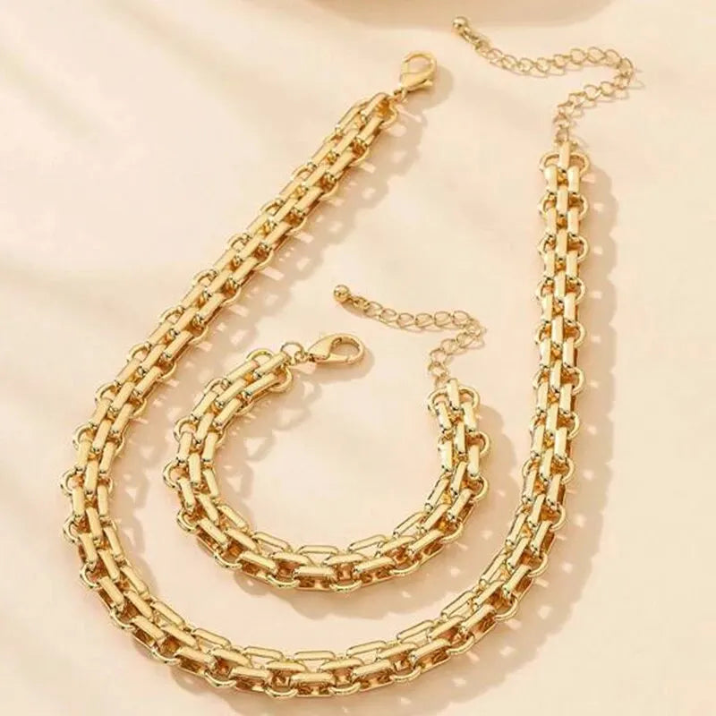 Juego de 2 piezas, collar y pulsera de cadena de eslabones color dorado, pulsera punk de cadena de eslabones grandes, conjunto de joyas para fiesta en Dubái, África, regalo para mujer