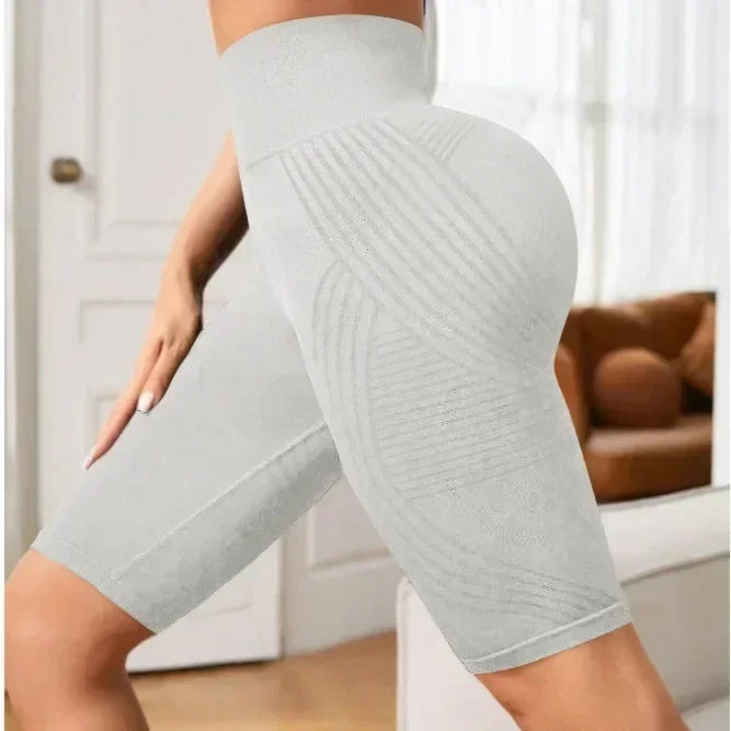 Pantalones cortos de yoga sin costuras para mujer, de cintura alta, a rayas, ajustados, pantalones cortos sexy para levantar glúteos, para gimnasio, de entrenamiento, de alta elasticidad, tipo capri