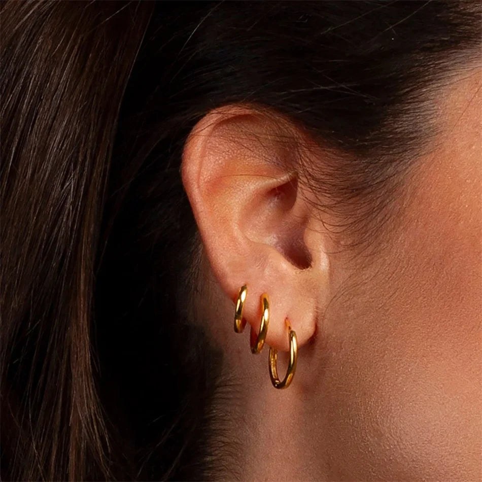 3Pairs Stainless Steel Solid Round Rings Huggies Earrings Set for Women Men Stackable 14K Gold Plated Tiny Ear Cartilage Hoops