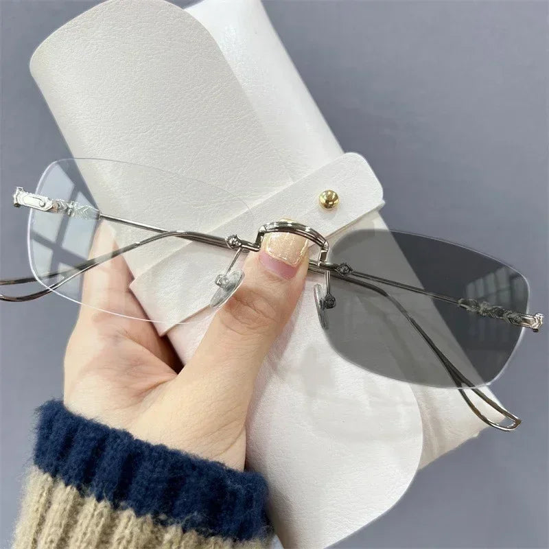 Gafas de miopía fotocromáticas de nueva moda, sin montura, cuadradas, vintage, para mujer y hombre, gafas de sol con protección UV antiluz azul, dioptrías ópticas