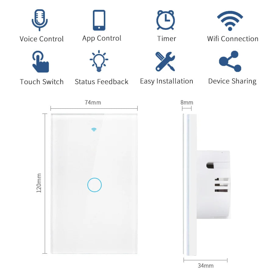 Interruptores inteligentes Tuya (EE. UU.) con cable neutro/sin cable neutro necesario, interruptor de luz táctil WiFi de 1/2/3/4 grupos, funciona con Alexa Google Home