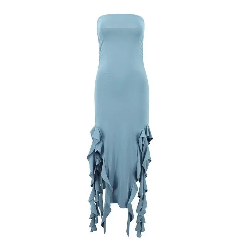 BWQ Vestidos largos para mujer con aberturas, sexy, ajustado, sin mangas, vestido medusa, moda para chicas, vestido maxi de hombros descubiertos para mujer