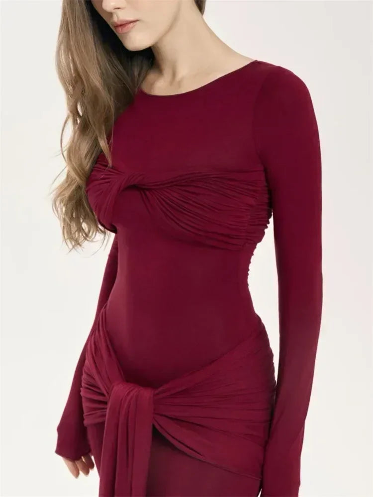 Vestido Maxi Plisado Sexy para Mujer Tossy, Vestido Ajustado de Manga Larga con Parches y Nudos, Estilo Y2k Otoño, Ropa Urbana para Mujer