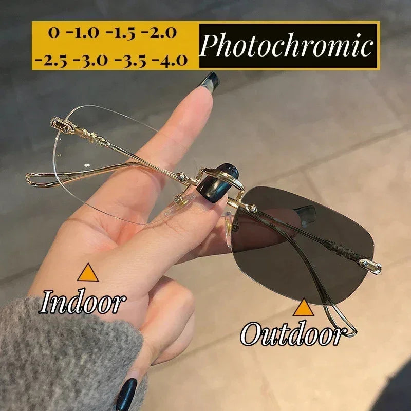 Gafas de miopía fotocromáticas de nueva moda, sin montura, cuadradas, vintage, para mujer y hombre, gafas de sol con protección UV antiluz azul, dioptrías ópticas
