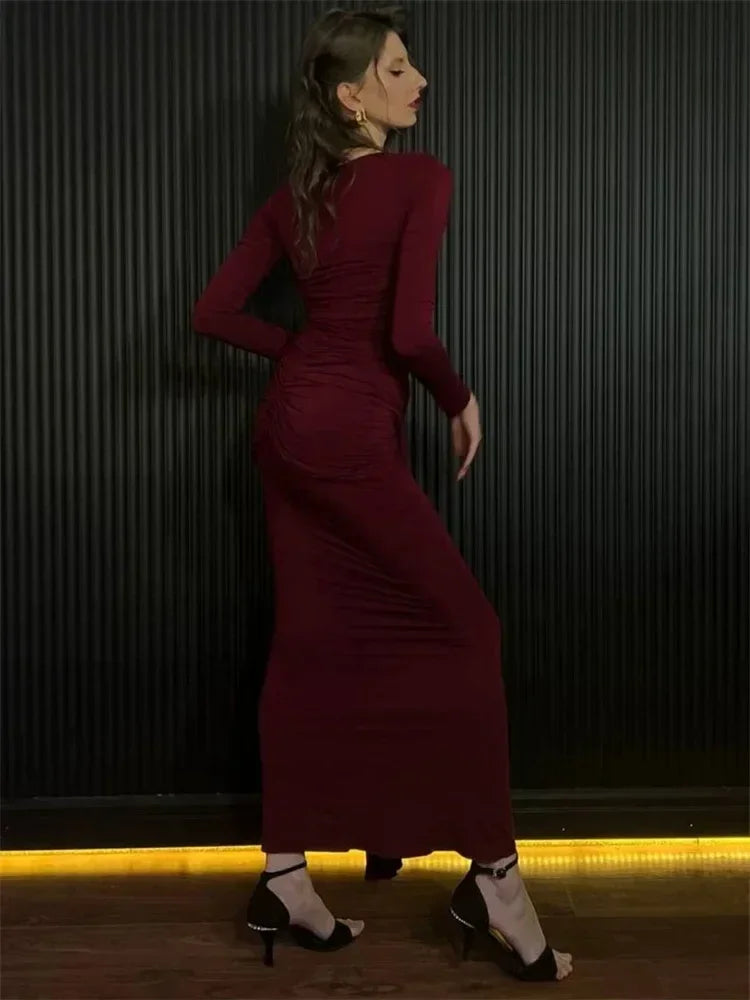 Vestido Maxi Plisado Sexy para Mujer Tossy, Vestido Ajustado de Manga Larga con Parches y Nudos, Estilo Y2k Otoño, Ropa Urbana para Mujer