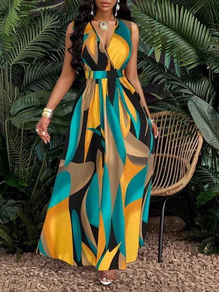 Vestido largo sin mangas con cuello de pico y estampados abstractos para mujer - ideal para la playa y ocasiones informales