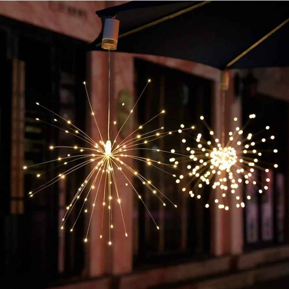 Luz de fuegos artificiales colgante, 8 modos, control remoto, funciona con pilas, guirnalda de luces, luces decorativas para jardín, patio, vacaciones, bodas, fiestas.