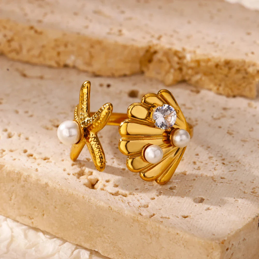 2025 Anillos de agua dulce de acero inoxidable con perlas, estrellas de mar y conchas para mujer, anillos punk, color dorado, vintage, impermeables, joyería de playa