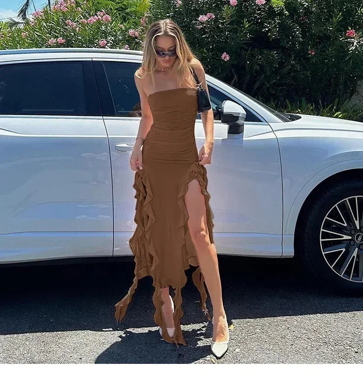 Vestido midi sin tirantes sexy con volantes irregulares criptográficos para mujer, elegante vestido de cumpleaños, vestido de verano fruncido