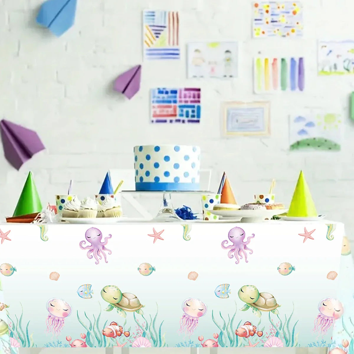 Mantel estampado de organismo marino, decoración de fiesta de cumpleaños bajo el agua, suministros de fiesta de océano, mantel para niños bajo el mar