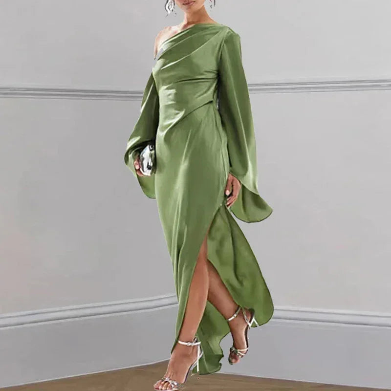 Vestido irregular sólido de hombro oblicuo sexy para mujer, elegante, con cuello torcido, sin espalda, vestido largo, manga acampanada, con abertura, para fiesta, otoño