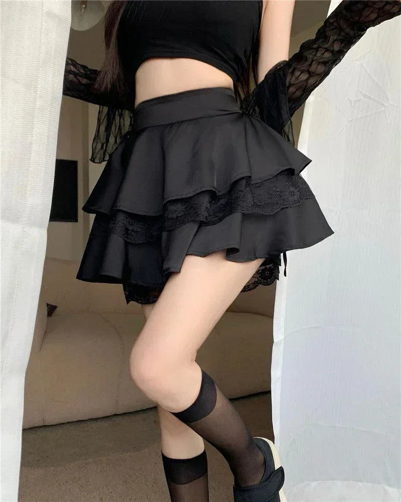 Minifalda Y2K Dulce Lisa para Mujer Verano Cintura Alta Encaje Patchwork Fiesta Elegante Moda Volantes Falda Femenina
