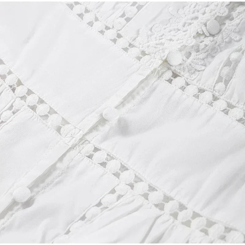 Elegante vestido de encaje calado, patchwork, para mujer, color sólido, cuello en V, manga larga farol, vestidos holgados, vacaciones de primavera 2025, túnicas para dama