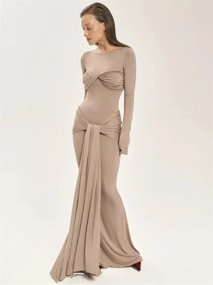 Vestido Maxi Plisado Sexy para Mujer Tossy, Vestido Ajustado de Manga Larga con Parches y Nudos, Estilo Y2k Otoño, Ropa Urbana para Mujer