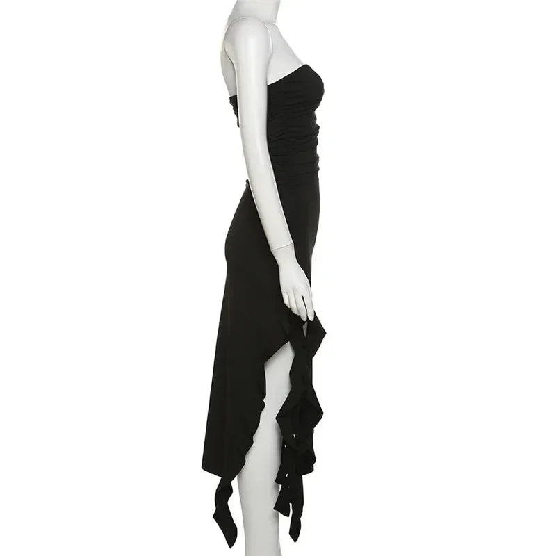 Vestido midi sin tirantes sexy con volantes irregulares criptográficos para mujer, elegante vestido de cumpleaños, vestido de verano fruncido