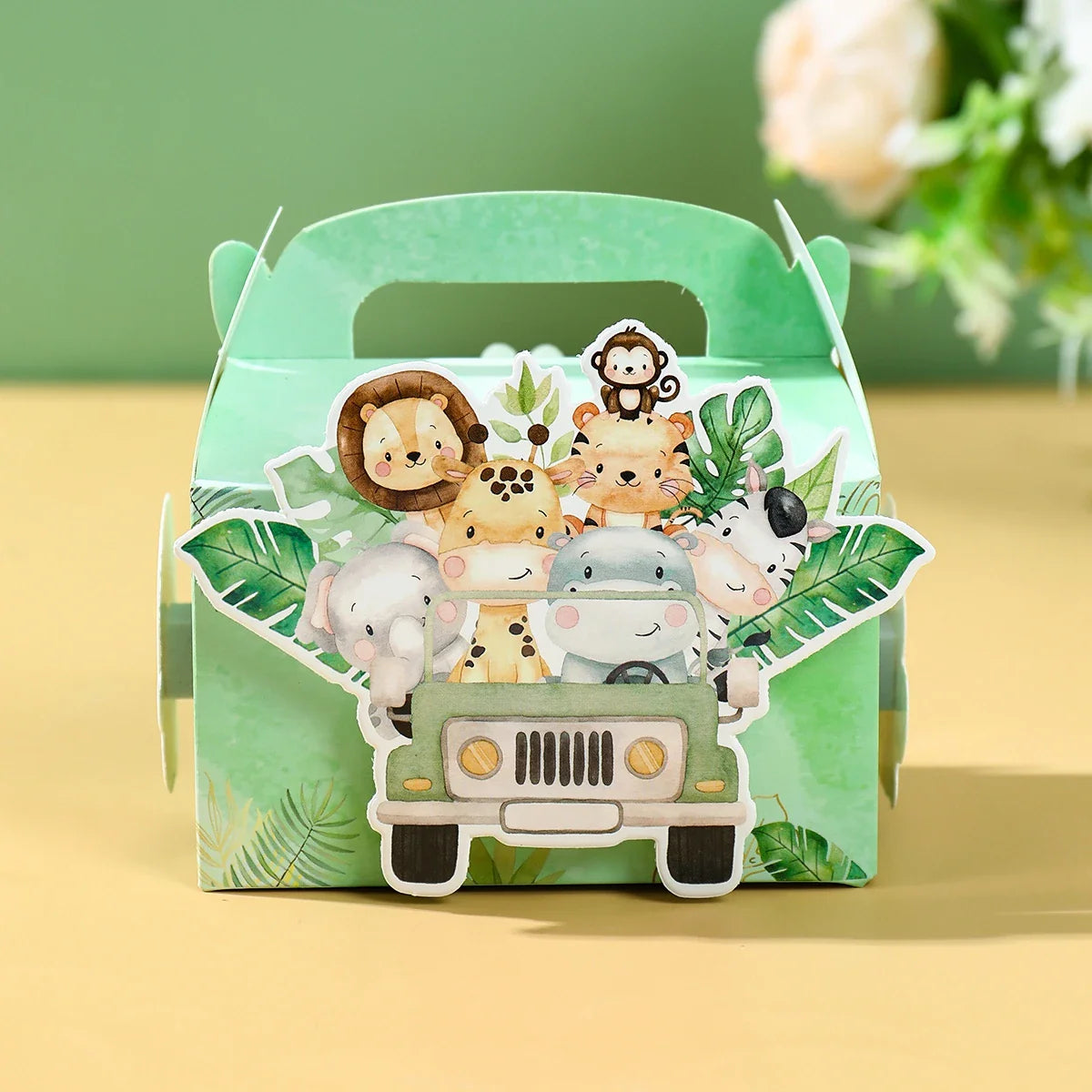4 unidades cajas de dulces de animales de la selva DIY, decoración de fiesta de cumpleaños Safari, caja de embalaje de regalo para niños, suministros para baby shower de "Wild One"