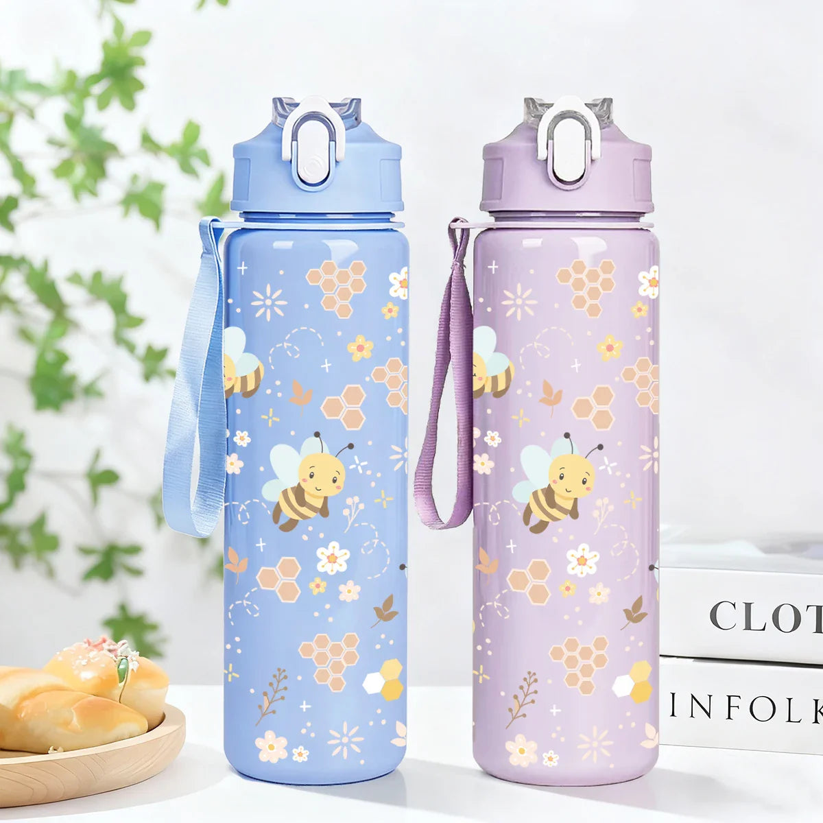 Sweet Honeycomb Bee Pattern Reusable Plastic Water Bottle | Lightweight Leakproof Flip Top Cup for Kids Girls