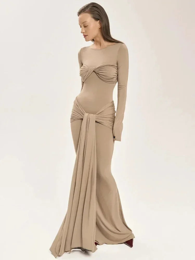 Vestido Maxi Plisado Sexy para Mujer Tossy, Vestido Ajustado de Manga Larga con Parches y Nudos, Estilo Y2k Otoño, Ropa Urbana para Mujer