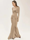 Vestido Maxi Plisado Sexy para Mujer Tossy, Vestido Ajustado de Manga Larga con Parches y Nudos, Estilo Y2k Otoño, Ropa Urbana para Mujer