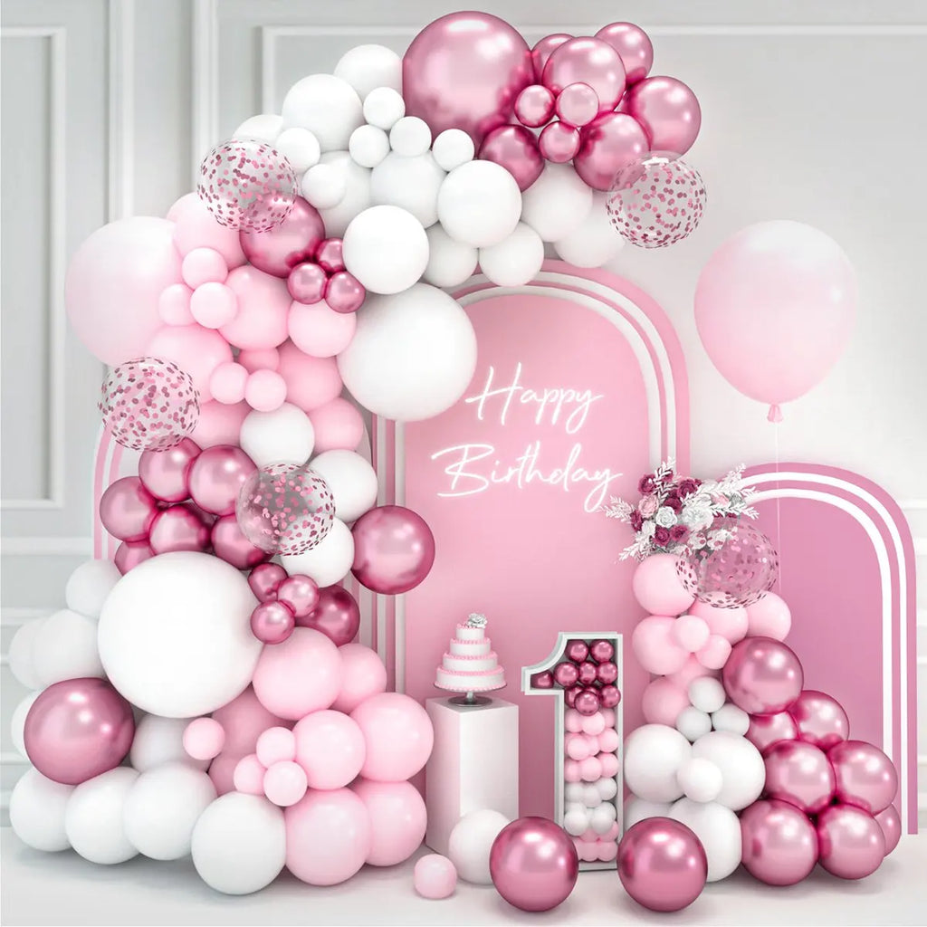 Kit de arco de guirnalda de globos blancos y rosas para boda, fiesta de cumpleaños, decoración, niña, baby shower, suministros de fiesta, globos de látex de confeti
