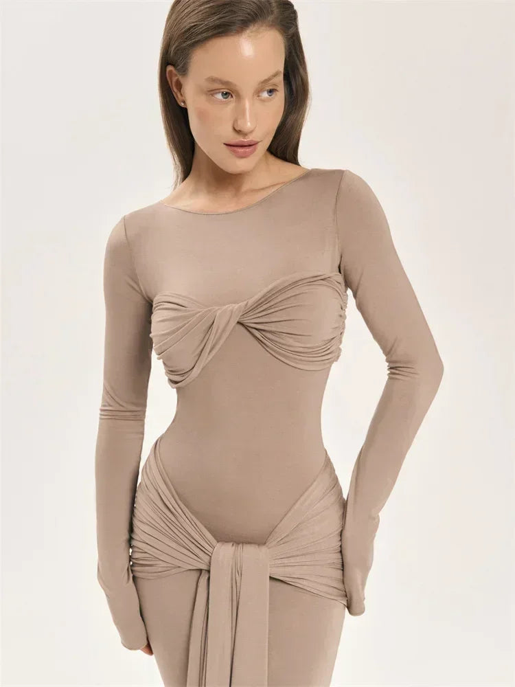 Vestido Maxi Plisado Sexy para Mujer Tossy, Vestido Ajustado de Manga Larga con Parches y Nudos, Estilo Y2k Otoño, Ropa Urbana para Mujer