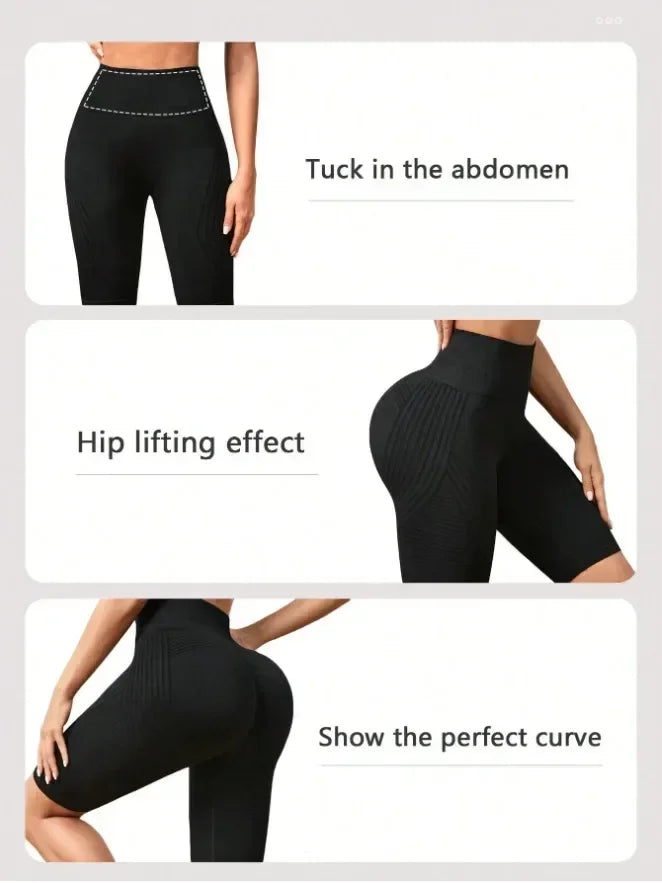 Pantalones cortos de yoga sin costuras para mujer, de cintura alta, a rayas, ajustados, pantalones cortos sexy para levantar glúteos, para gimnasio, de entrenamiento, de alta elasticidad, tipo capri
