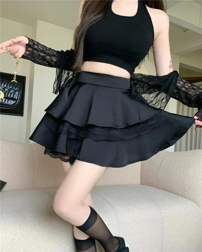 Minifalda Y2K Dulce Lisa para Mujer Verano Cintura Alta Encaje Patchwork Fiesta Elegante Moda Volantes Falda Femenina