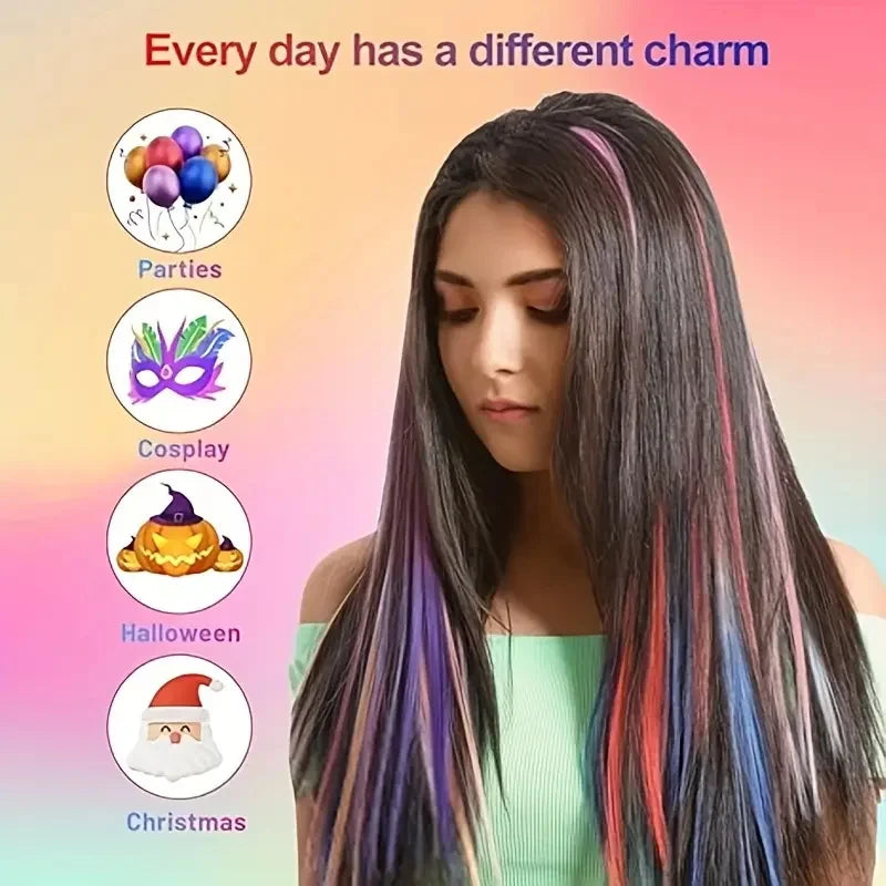 10pcs 22Inch Synthetic Long Straight Hair Extensions Clip in Colored Party Highlights Hairpieces for Women Kids Girls