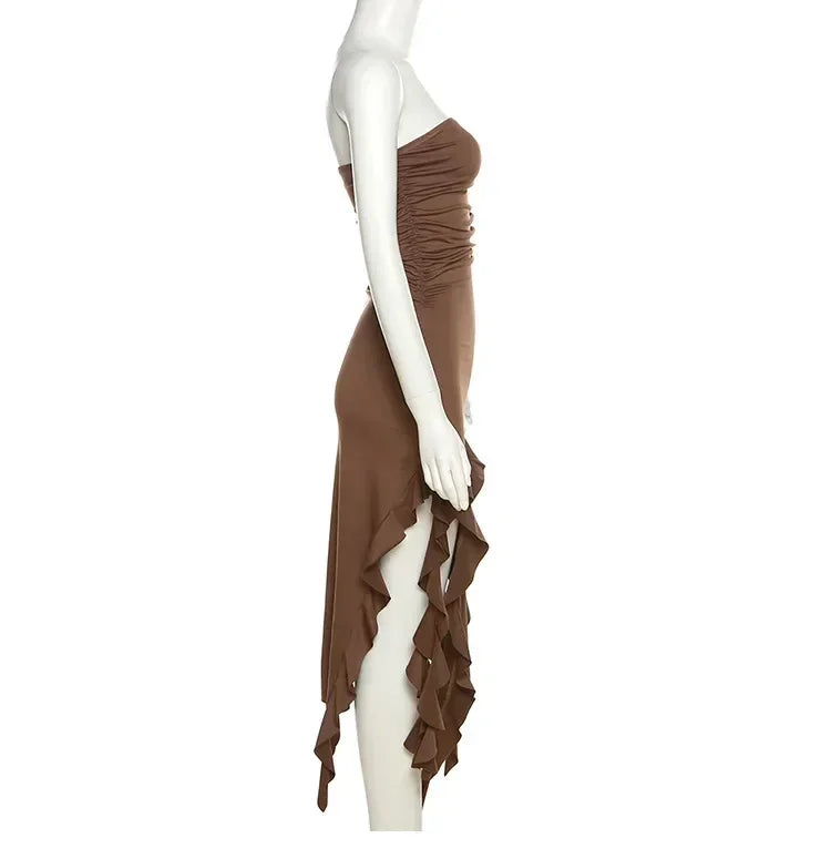 Vestido midi sin tirantes sexy con volantes irregulares criptográficos para mujer, elegante vestido de cumpleaños, vestido de verano fruncido