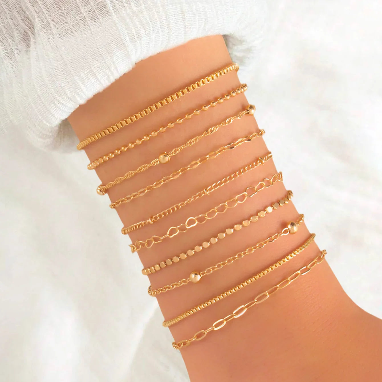 10 Pulseras de cadena de serpiente plana dorada vintage, pulsera de cadena de caja de varias capas, estilo bohemio, joyería de verano para mujer