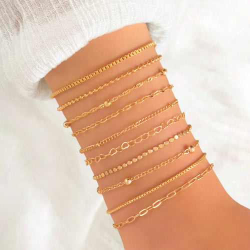 10 Pulseras de cadena de serpiente plana dorada vintage, pulsera de cadena de caja de varias capas, estilo bohemio, joyería de verano para mujer