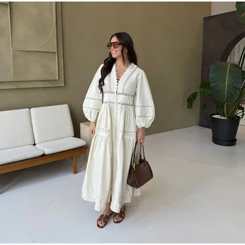 Elegante vestido de encaje calado, patchwork, para mujer, color sólido, cuello en V, manga larga farol, vestidos holgados, vacaciones de primavera 2025, túnicas para dama
