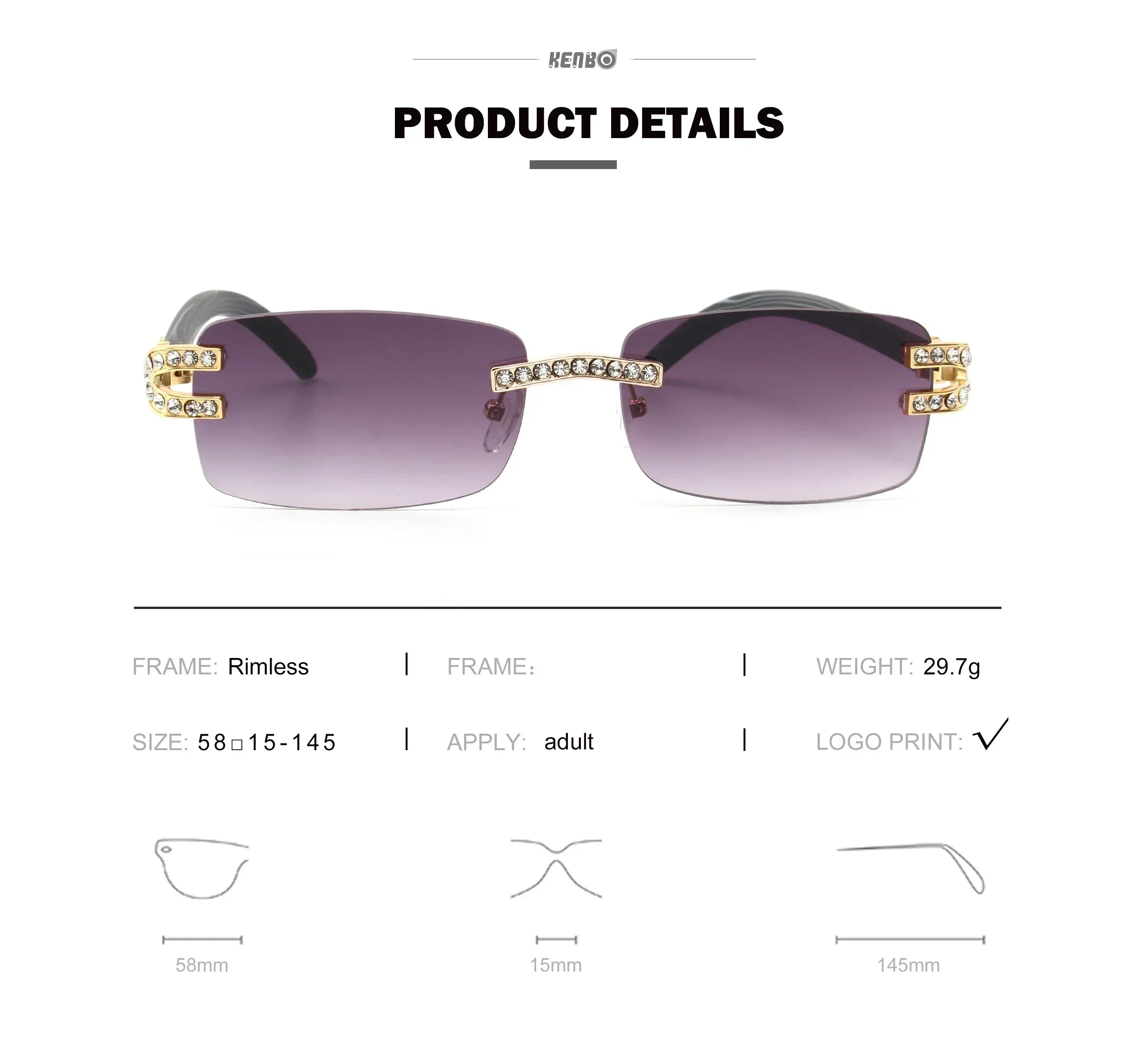 Kenbo Small Rectangle Rimless Sunglasses Men 2024 Luxury Brand Frameless Sun Glasses For Women Vintage Square UV400 Eyewear