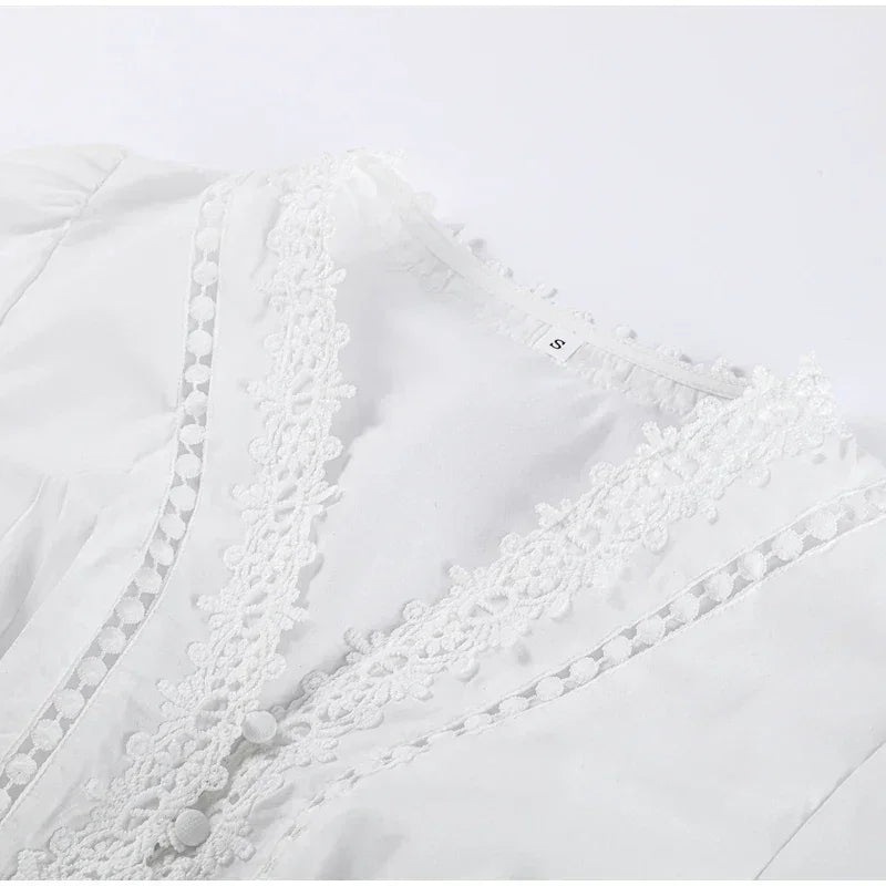Elegante vestido de encaje calado, patchwork, para mujer, color sólido, cuello en V, manga larga farol, vestidos holgados, vacaciones de primavera 2025, túnicas para dama