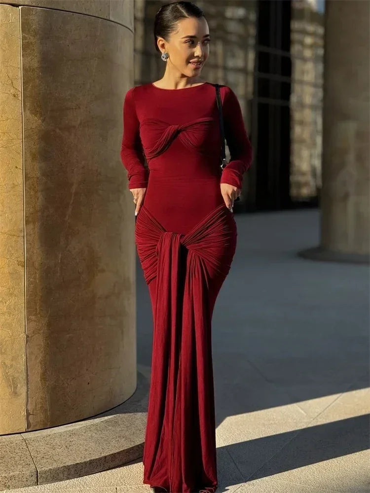 Vestido Maxi Plisado Sexy para Mujer Tossy, Vestido Ajustado de Manga Larga con Parches y Nudos, Estilo Y2k Otoño, Ropa Urbana para Mujer
