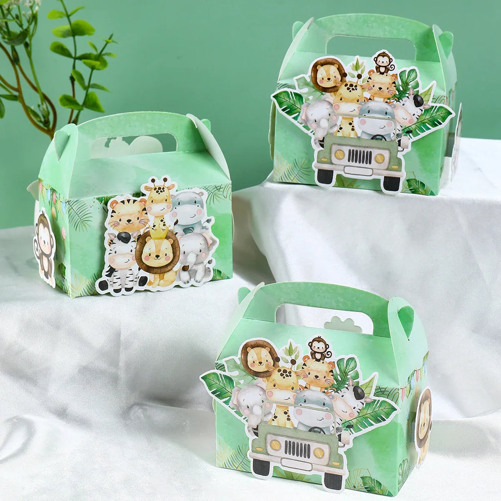 4 unidades cajas de dulces de animales de la selva DIY, decoración de fiesta de cumpleaños Safari, caja de embalaje de regalo para niños, suministros para baby shower de "Wild One"