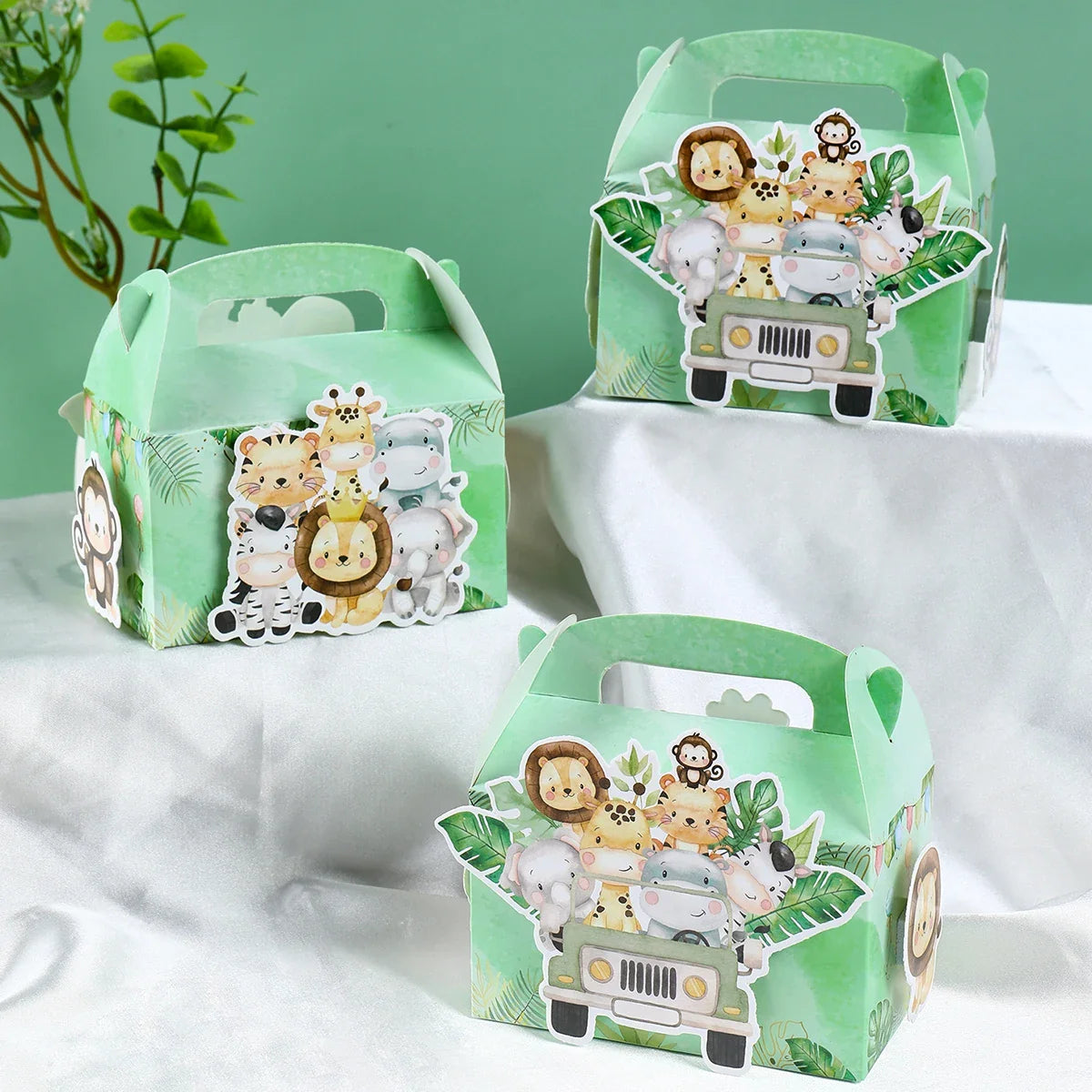 4 unidades cajas de dulces de animales de la selva DIY, decoración de fiesta de cumpleaños Safari, caja de embalaje de regalo para niños, suministros para baby shower de "Wild One"