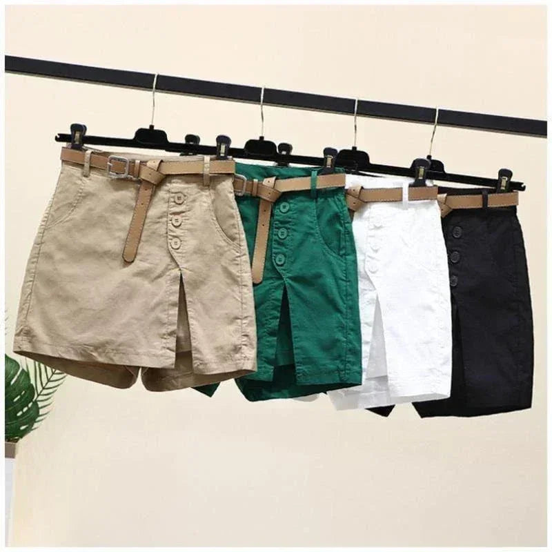 Pantalones cortos casuales de algodón para mujer, ropa de verano, nuevos pantalones versátiles de moda finos con forma de A, pantalones cortos de cintura elástica con falda para mujer