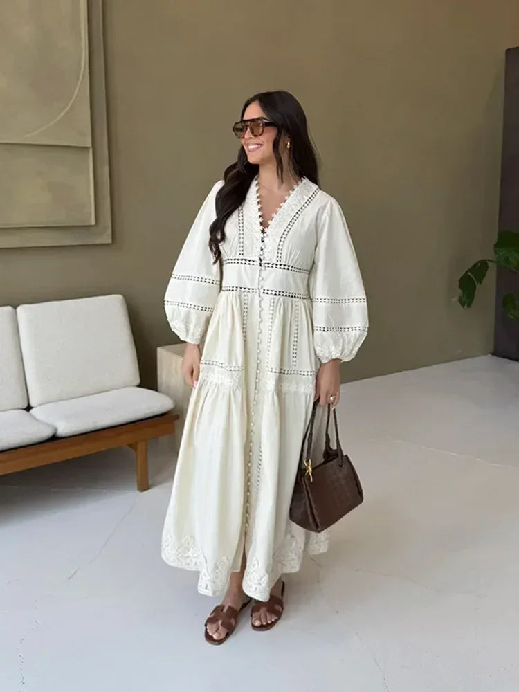 Elegante vestido de encaje calado, patchwork, para mujer, color sólido, cuello en V, manga larga farol, vestidos holgados, vacaciones de primavera 2025, túnicas para dama