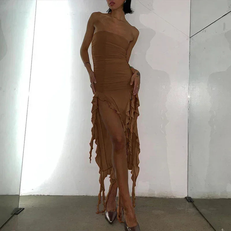 Vestido midi sin tirantes sexy con volantes irregulares criptográficos para mujer, elegante vestido de cumpleaños, vestido de verano fruncido