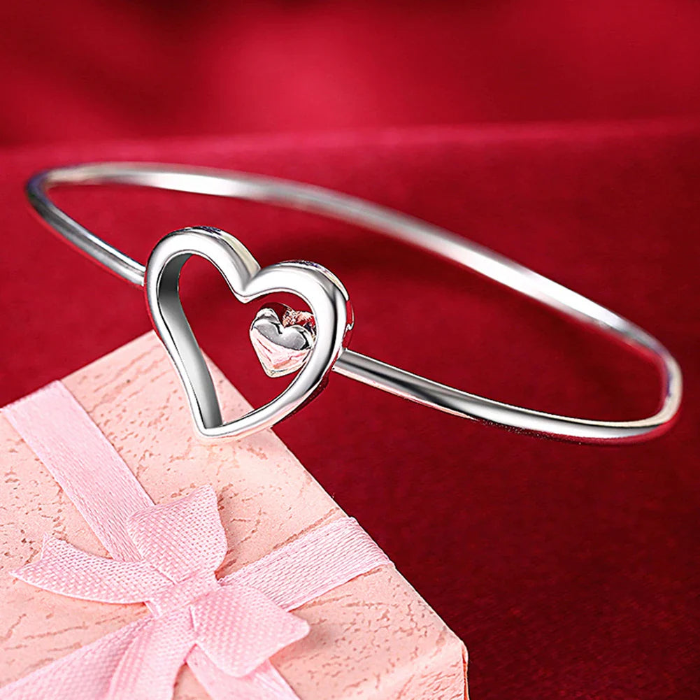 Wholesale Fine 925 Sterling Silver Bangles Bracelet Charms Heart Open for Women Lady Jewelry Adjustment Cuff Wedding Gift