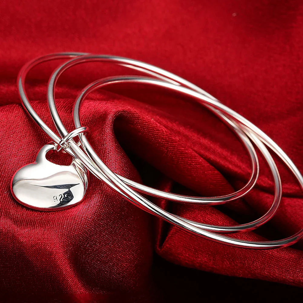 Wholesale Fine 925 Sterling Silver Bangles Bracelet Charms Heart Open for Women Lady Jewelry Adjustment Cuff Wedding Gift