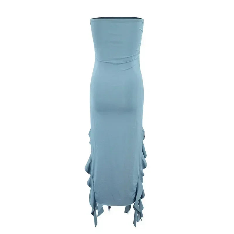 BWQ Vestidos largos para mujer con aberturas, sexy, ajustado, sin mangas, vestido medusa, moda para chicas, vestido maxi de hombros descubiertos para mujer