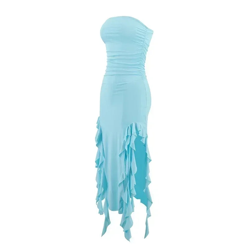 BWQ Vestidos largos para mujer con aberturas, sexy, ajustado, sin mangas, vestido medusa, moda para chicas, vestido maxi de hombros descubiertos para mujer