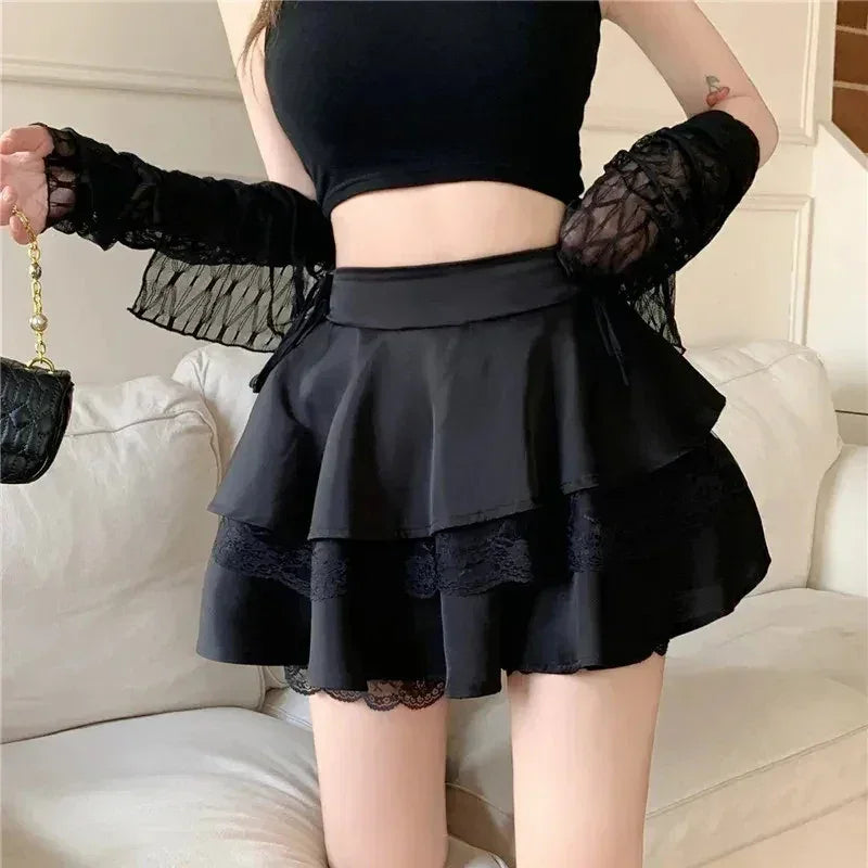 Minifalda Y2K Dulce Lisa para Mujer Verano Cintura Alta Encaje Patchwork Fiesta Elegante Moda Volantes Falda Femenina