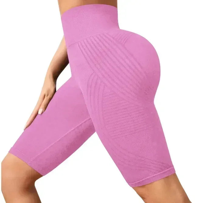 Pantalones cortos de yoga sin costuras para mujer, de cintura alta, a rayas, ajustados, pantalones cortos sexy para levantar glúteos, para gimnasio, de entrenamiento, de alta elasticidad, tipo capri