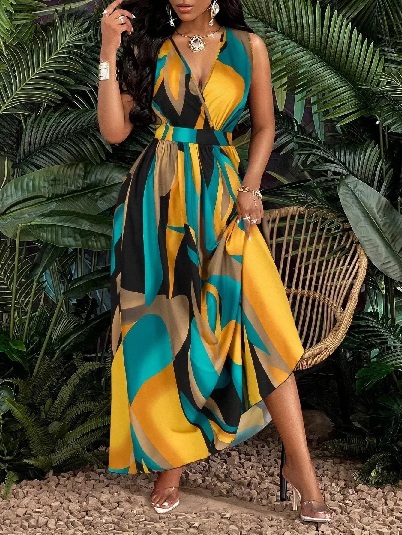 Vestido largo sin mangas con cuello de pico y estampados abstractos para mujer - ideal para la playa y ocasiones informales