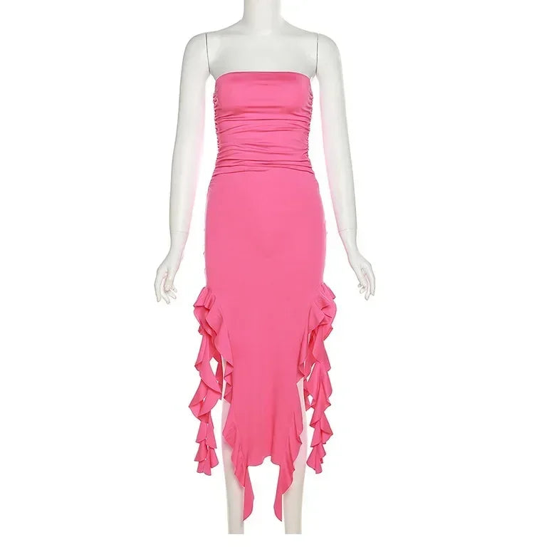 Vestido midi sin tirantes sexy con volantes irregulares criptográficos para mujer, elegante vestido de cumpleaños, vestido de verano fruncido