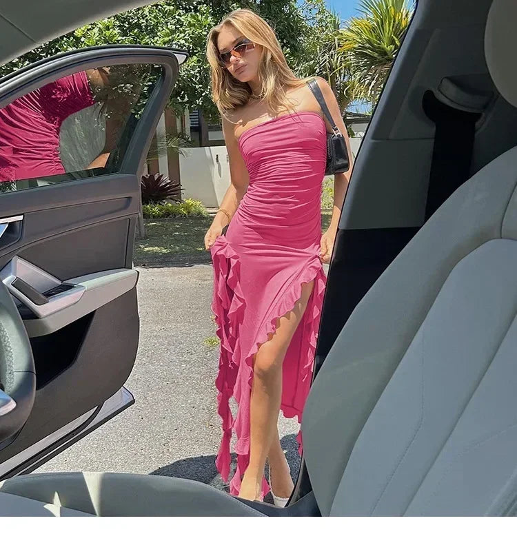 Vestido midi sin tirantes sexy con volantes irregulares criptográficos para mujer, elegante vestido de cumpleaños, vestido de verano fruncido